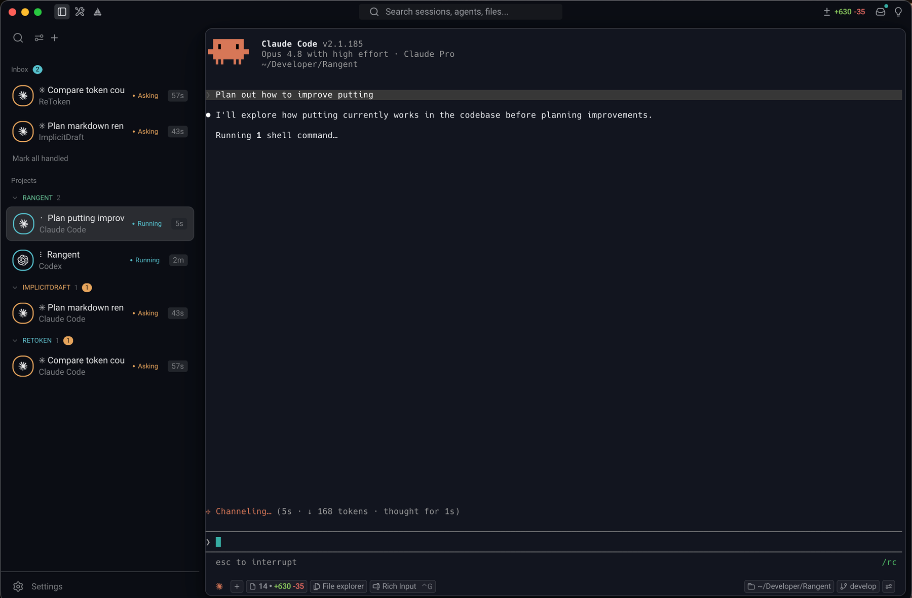 Shipwright Lab showing a project inbox of coding agents beside a live Claude Code session