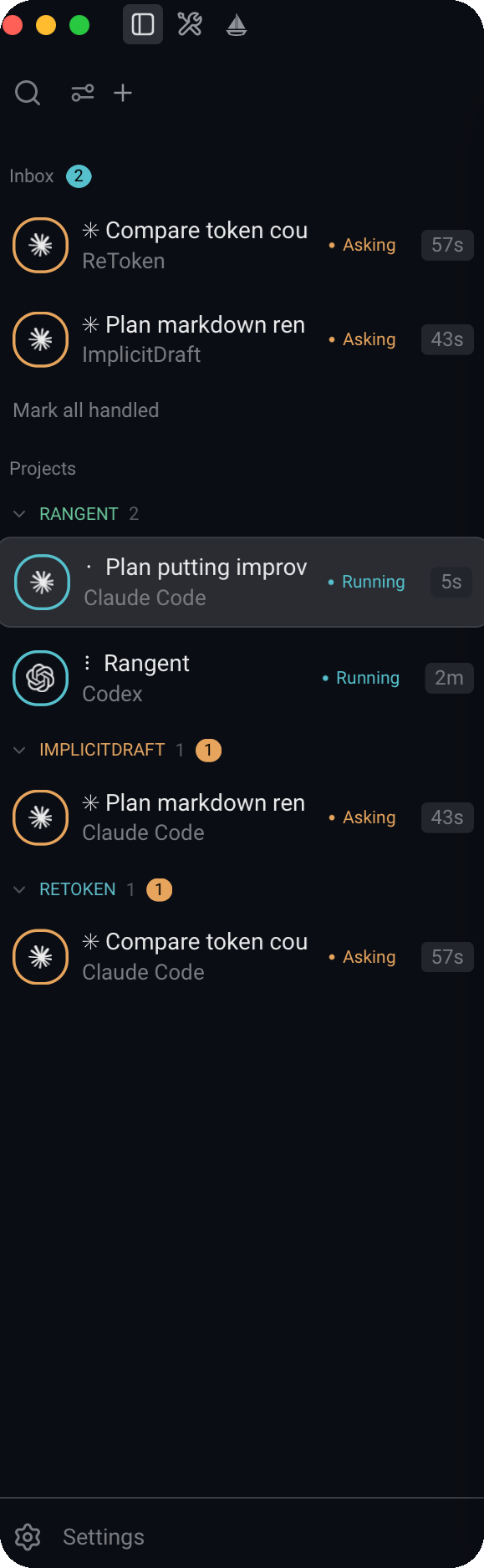 Shipwright Lab project inbox sidebar with agents grouped by project and status dots